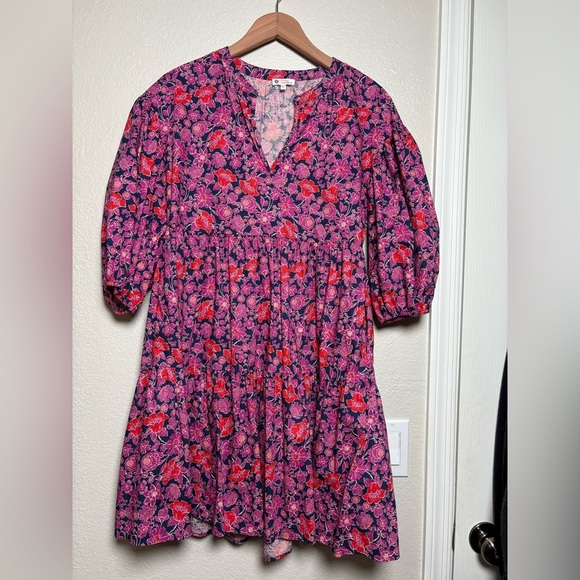 Sundry for Evereve Wear Anywear Poplin Cotton Tiered Mini Dress with Pockets. - Picture 1 of 12